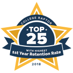 A gold star badge that says "College Raptor Top 25 with Highest 1st Year Retention Rate 2018."