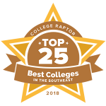 A gold star badge that says "College Raptor Top 25 Best Colleges in the Southeast 2018."