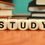 Letters on dice that spell out "study."