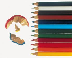 12 colored pencils and a few shavings.