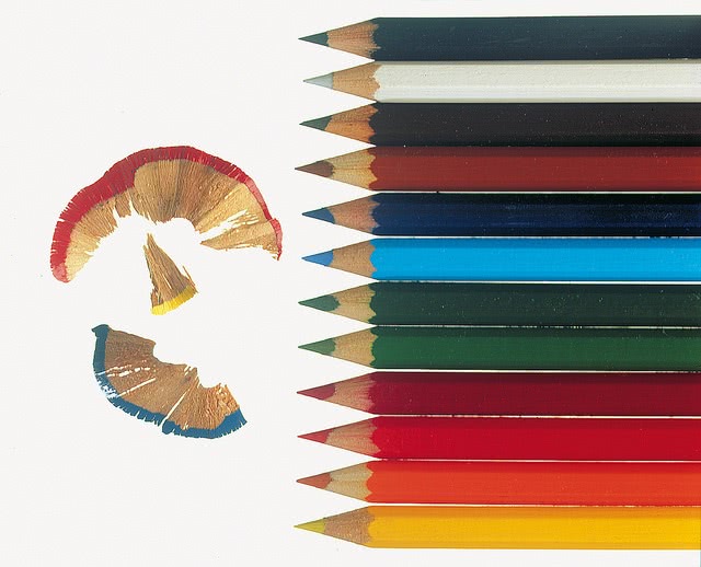 12 colored pencils and a few shavings.