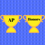 Two yellow trophies with "AP" and "Honors" on them with a blue patterned background.