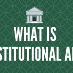 A green background with text overlayed that says "what is institutional aid?" with a bank icon on top.