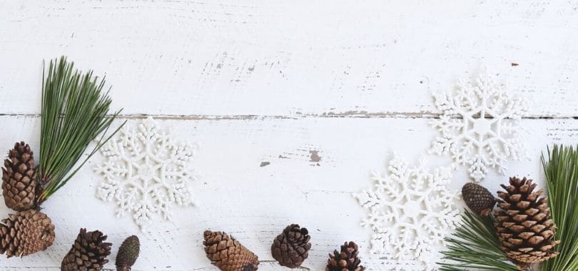 Pine cones and snowflakes on a wooden counter.