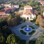 Hoover Tower in Stanford University campus aerial shot.
