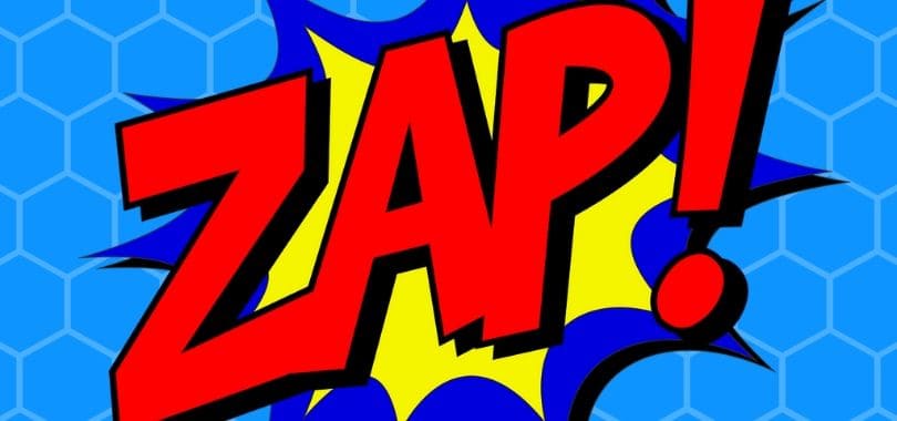 A red "zap" with blue and yellow highlights.