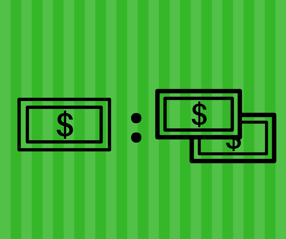 Ratio of 1 dollar and 2 dollars graphic against green background.