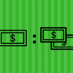 Ratio of 1 dollar and 2 dollars graphic against green background.