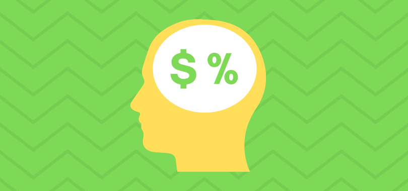 A yellow profile of a head in front of a green background. In the person's brain is a green dollar sign and percent.