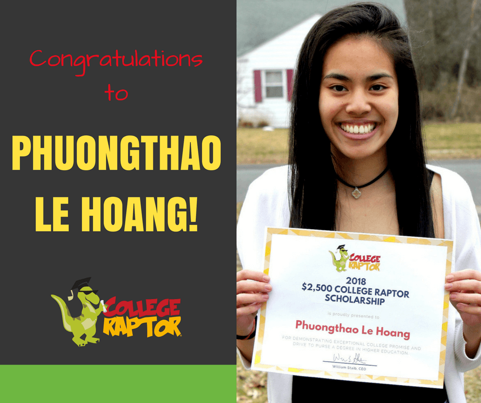 A young female student smiling while holding a $2500 College Raptor Scholarship certificate.