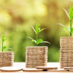 Three stack of coins with green shoots growing behind each stack.