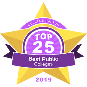 A gold star badge that says "College Raptor Top 25 Best Public Colleges 2019."