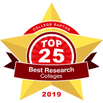 A gold star badge that says "College Raptor Top 25 Best Research Colleges 2019".