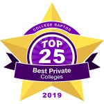 A gold star badge that says "College Raptor Top 25 Best Private Colleges 2019".