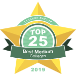 A gold star badge that says "College Raptor Top 25 Best Medium Colleges 2019."