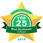 Gold star badge that says "College Raptor Top 25 Best Northwest Colleges 2019."