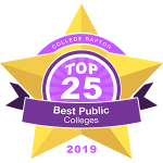 A gold star badge that says "College Raptor Top 25 Best Public Colleges 2019."