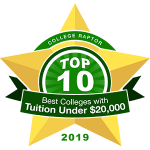 A gold star badge that says "College Raptor Top 10 Best Colleges with Tuition under $20,000 2019."