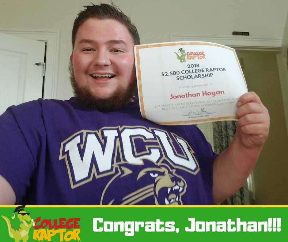 A young male student smiling while holding a $2500 College Raptor Scholarship certificate near his face.