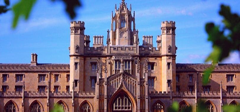 A shot of a college with leaves in the forefront.