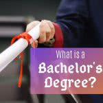 Student with diploma and text: what is a bachelor's degree?