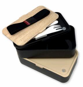 Two Grub2Go Bento Boxes with black and bamboo design. Click to view the Amazon page.