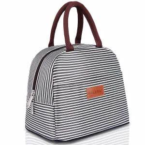 Black and white BALORAY lunch bag tote with stripes. Click to view the Amazon page.