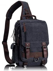 Grey Leaper canvas sling bag with leather straps. Click to view the Amazon page.