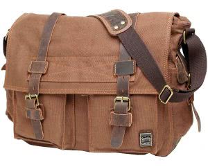 Light brown Berchirly canvas leather messenger bag. Click to view the Amazon page.