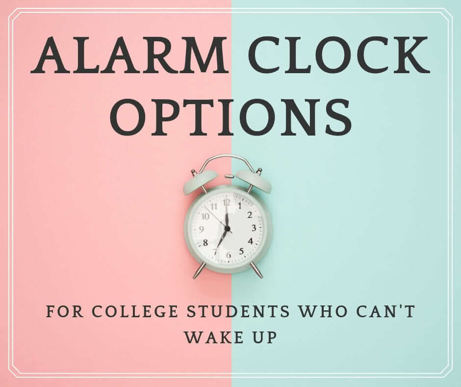 Alarm clock with a pink and mint green background. Overlay text says 