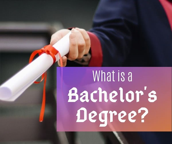 Student with diploma and text: what is a bachelor's degree?