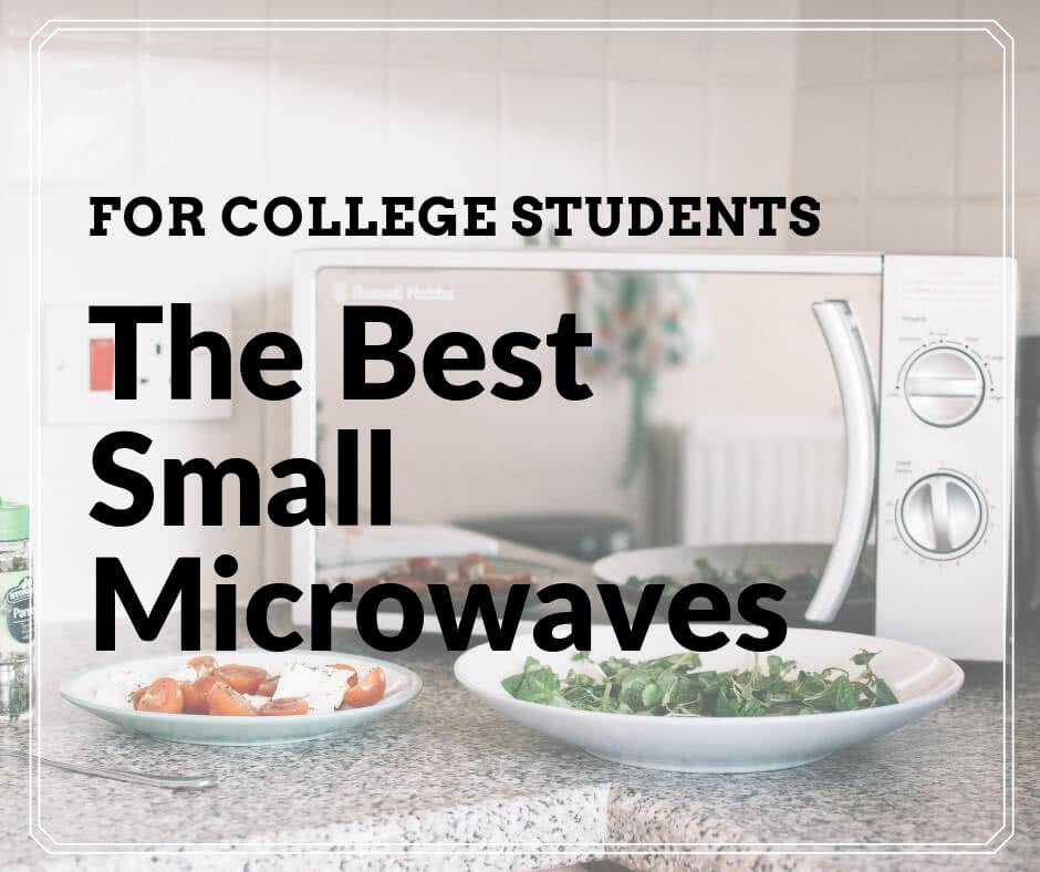 Microwave and plates with tomato and vegetables. Overlay text says