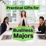 Company meeting with text: practical gifts for business major