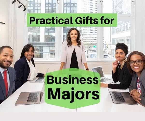 Company meeting with text: practical gifts for business major