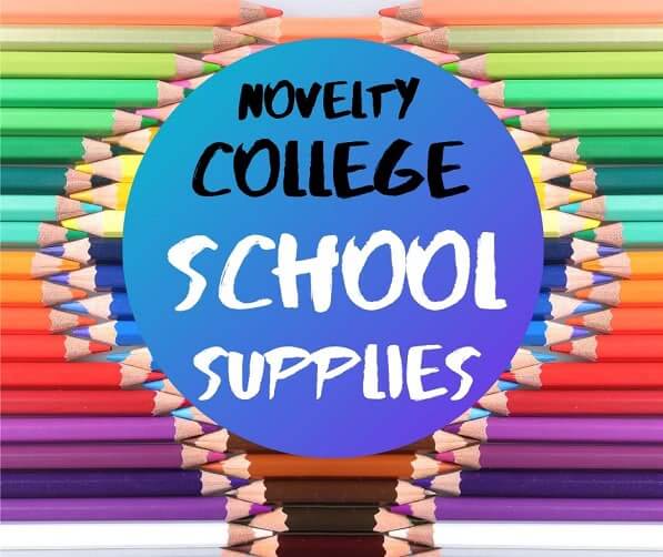 Colored pencils with text: college school supplies