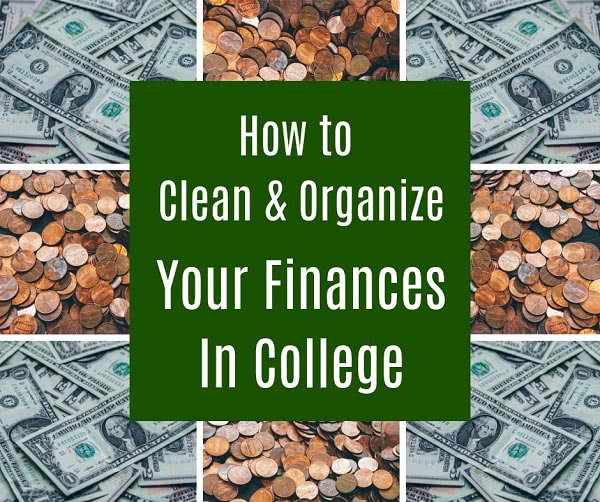 Pictures of money and coins with text: how to organize finances in college