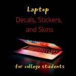 Laptop half open with text: laptop decal stickers and skins