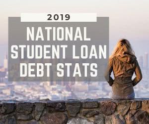 Student looking at city with text: student loan debt statistics