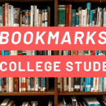 Bookshelves filled with books, with white text overlayed on red rectangles that says "bookmarks for college students."