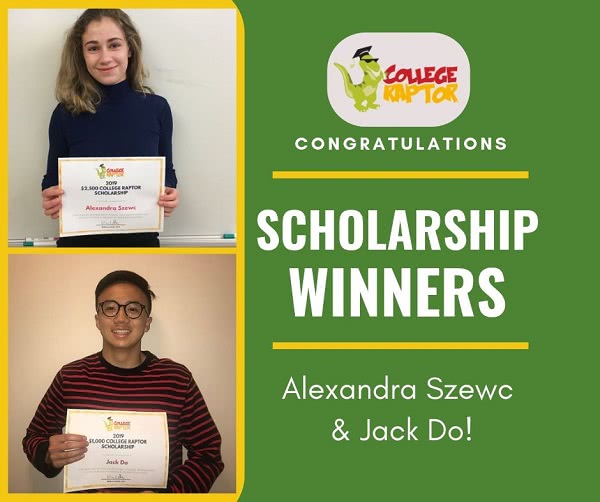 Image caption: Two students were selected as winners by College Raptor for the most recent scholarship program. Congratulations to winner Alexandra Szewc (top) and runner-up winner, Jack Do (bottom).