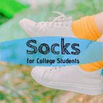 Shoes with orange socks and text: socks for college students