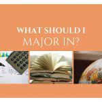 A calculator, book, and globe with text: what should I major in?