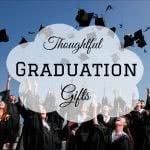 Students throwing graduation caps with text: thoughtful graduation gifts