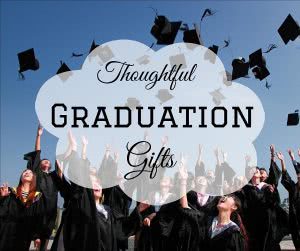 Students throwing graduation caps with text: thoughtful graduation gifts