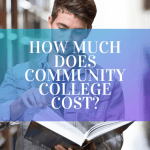 A college student holding a book in the library, with text overlayed that says "how much does community college cost?"