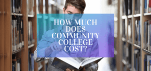 A college student holding a book in the library, with text overlayed that says "how much does community college cost?"