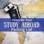 World map with text: study abroad packing list