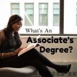 Student reading a book with text: what's an associate's degree