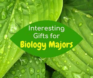 Dewy leaves with text: interesting gifts for biology majors