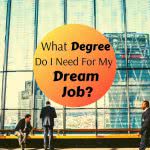 City scape with text: What degree do I need for my dream job?
